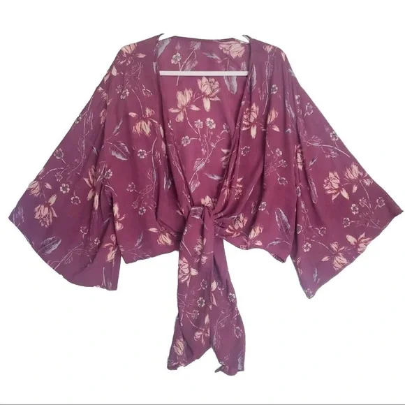 Billabong Women's Tie Front Long Bell Sleeve Boho Pink Floral Blouse. - Picture 3 of 10